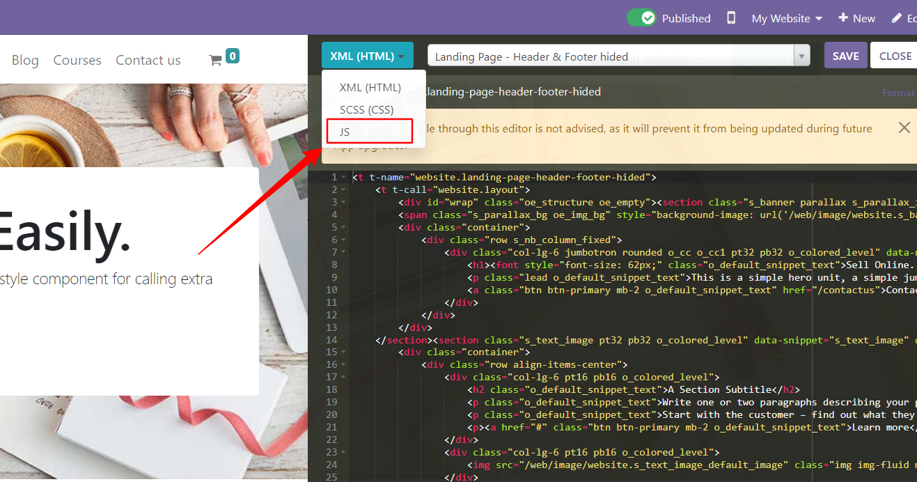 Open JS editor in odoo website