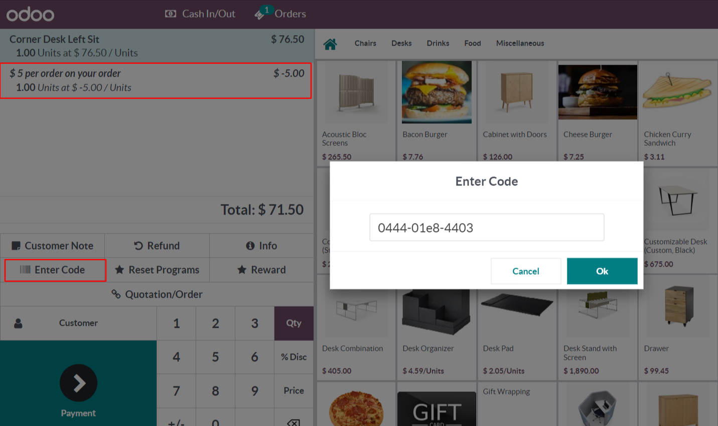 In POS, After adding the product in cart. Enter the coupon code in Enter code button to activate the coupon.