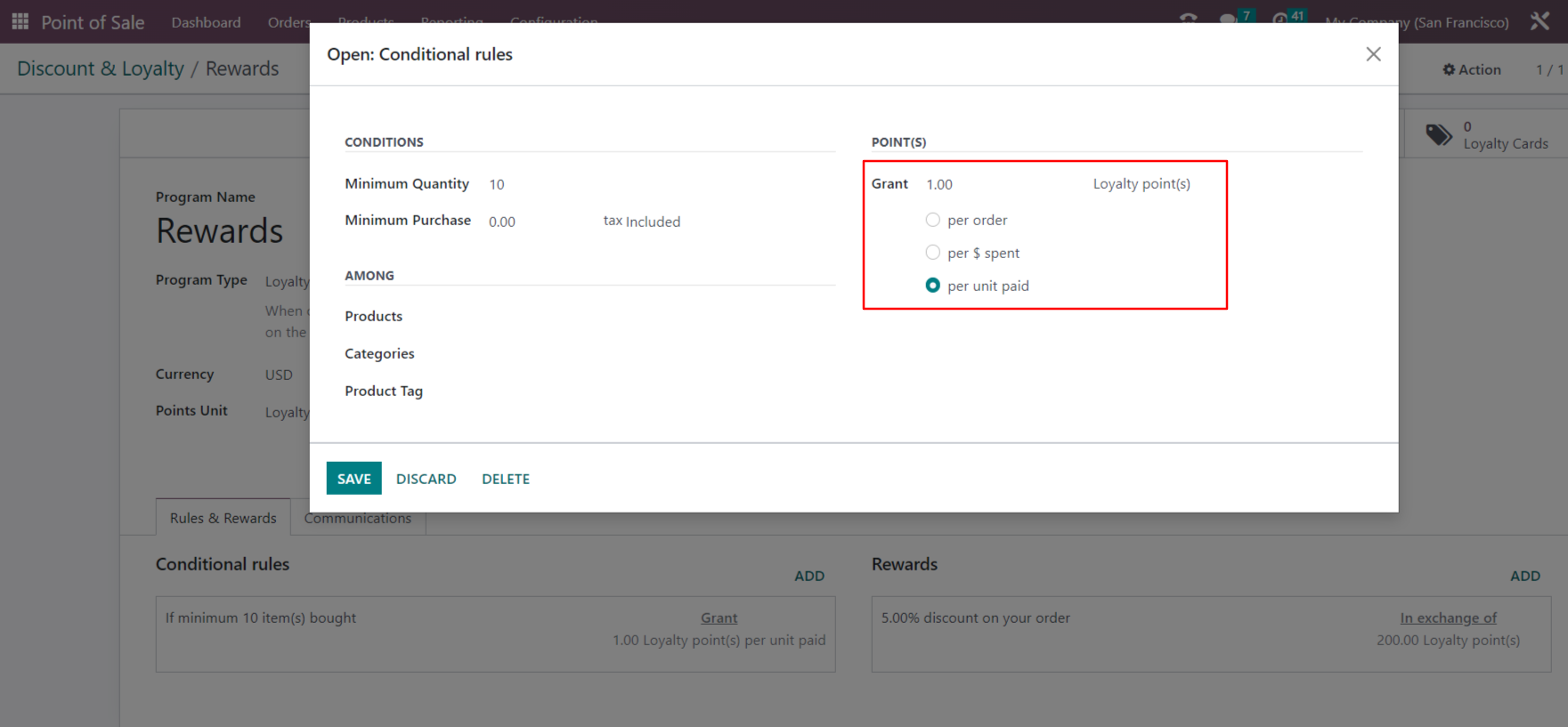 Set Conditional Rule, For Minimum purchase 10 Qty and  the grant loyalty point to get the rewards in exchange of loyalty point