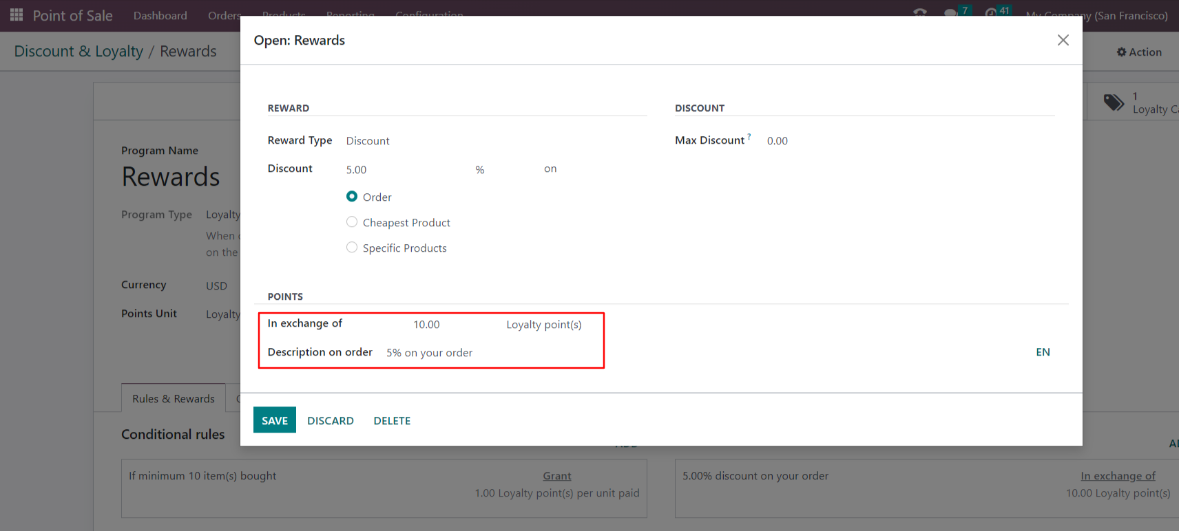 Set Rewards, Reward Type: Discount, 5% discount on order. In exchange of 10 loyalty points