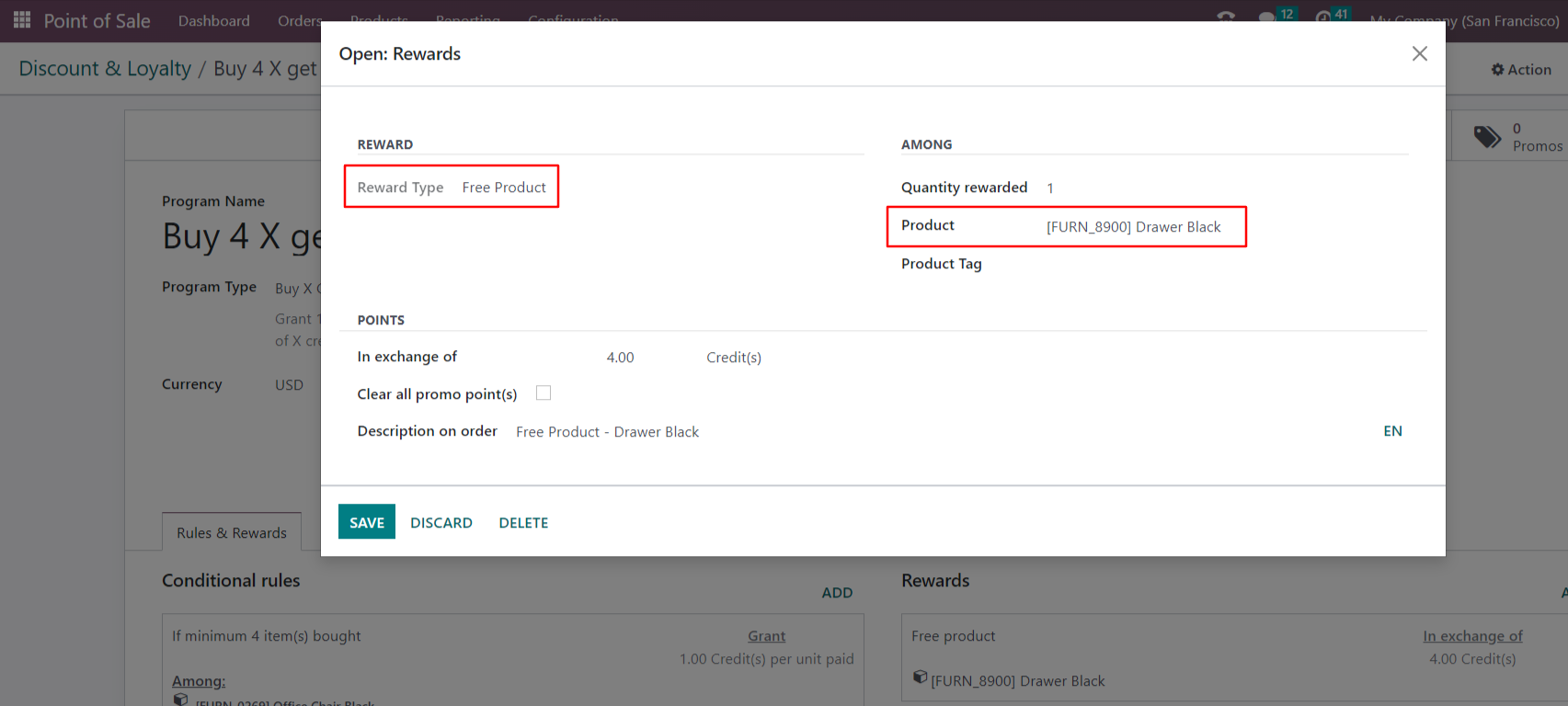 In Reward type: we can set Free product, Configure the free product - Drawer Black and we can set the in exchange of credits for the free products